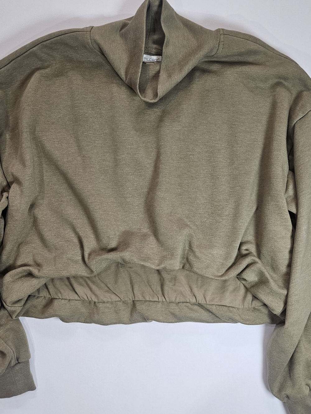 Pilcro Cowl Neck Cropped Sweater Womens Large Olive Green Bubble Hem Pullover